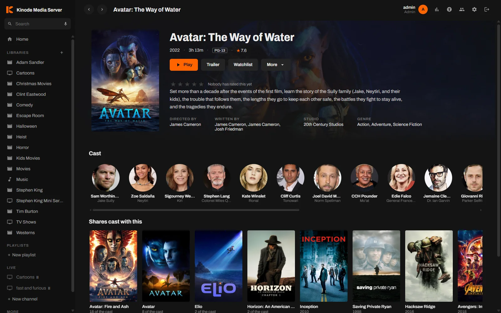 The Kinode Media Server web player showing a movie page with its poster, cast and related titles